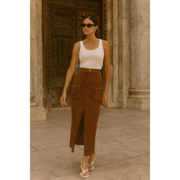 MOON RIVER Women's Front Slit Denim Cargo Midi Skirt in Brown size S NWOT - Picture 1 of 5